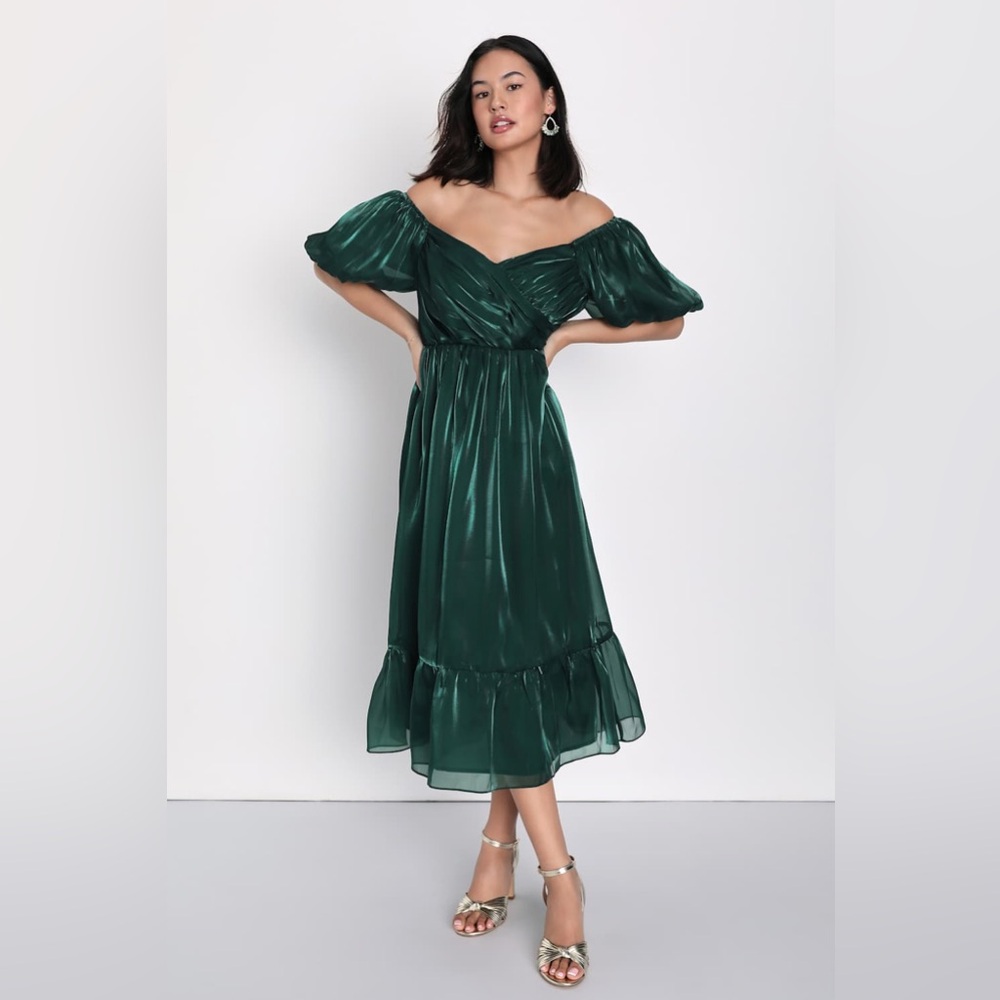 *LULUS* Emerald Remarkable Sensation Puff-Sleeve Midi Dress Size Large